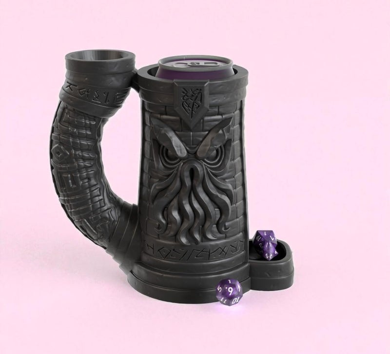 Gallery of Drip Eldritch Dice Tower & Drink Holder – Cthulhu DND Accessory, Lovecraft Dice Roller Mug, Fantasy RPG Tabletop Decor, Dungeons and Dragons Gift for DM, TTRPG (Obsidian Black, Standard 12oz Cans) - Image 2